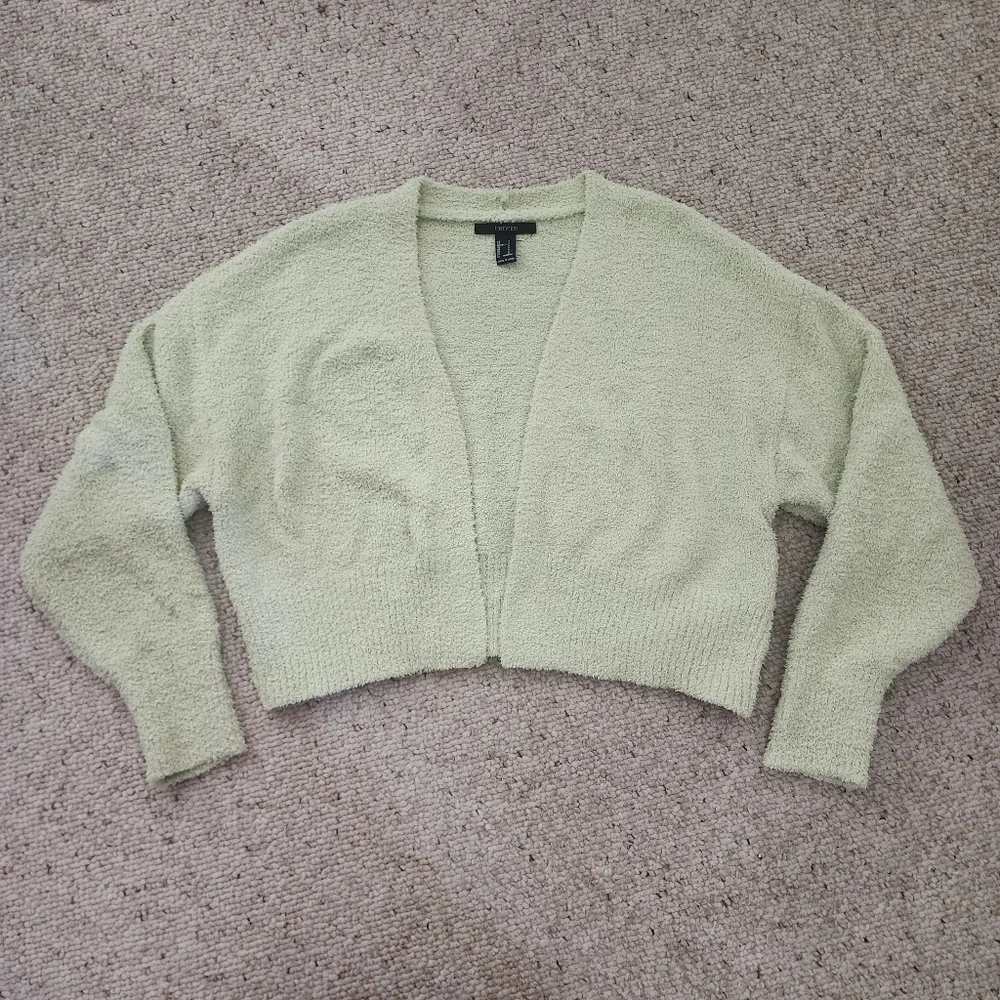 Forever 21 Spring Green Fuzzy Knit Cropped Cardigan & Cami Set
